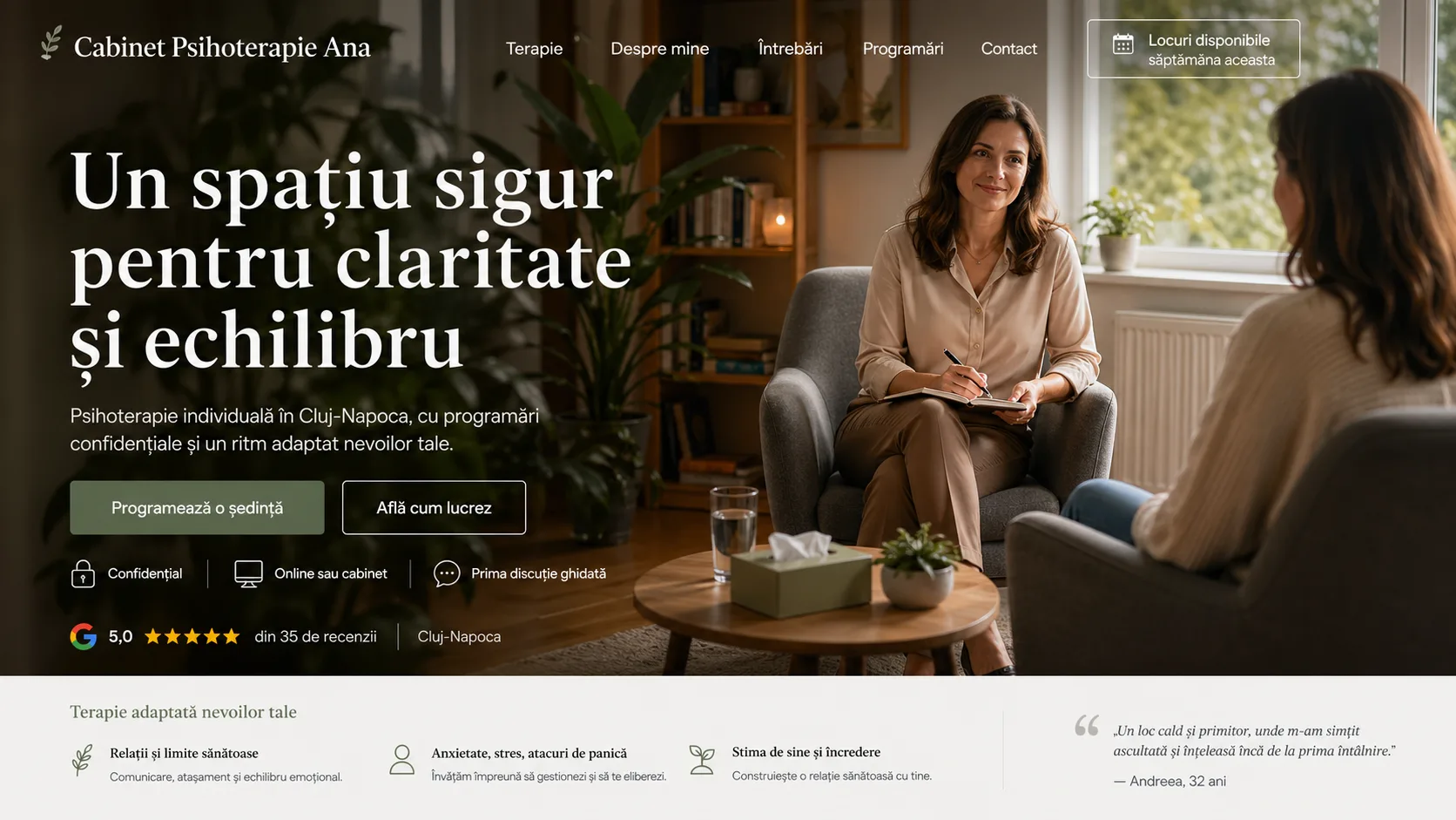 Psychotherapy website design - full bleed editorial
