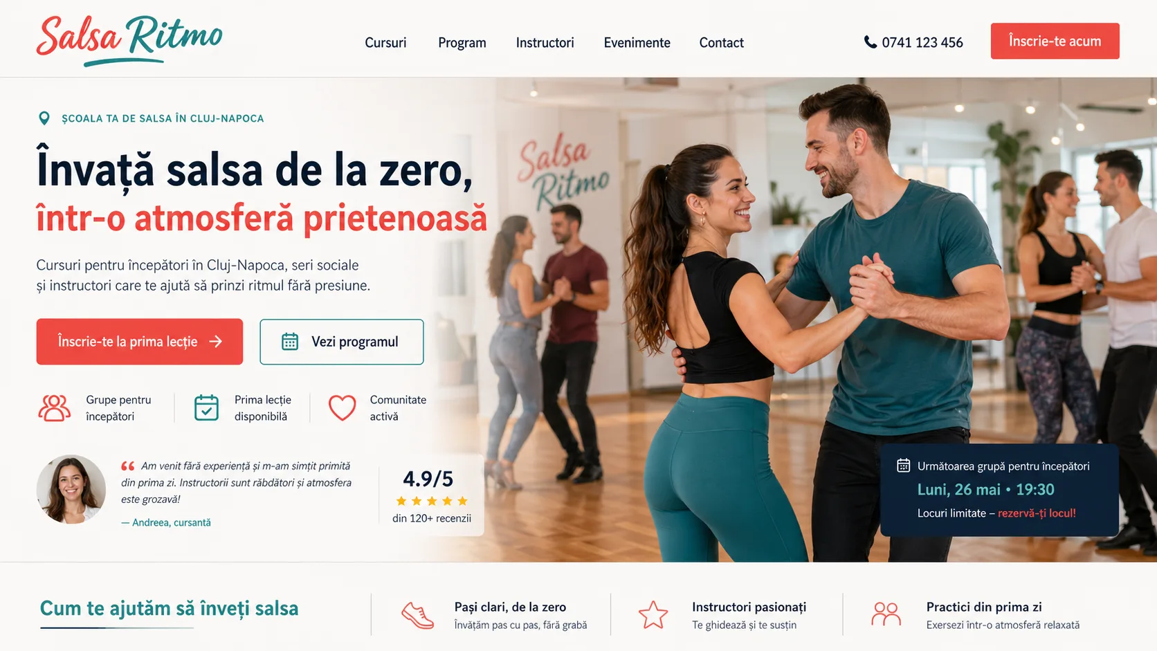 Salsa dance school website design - boutique story