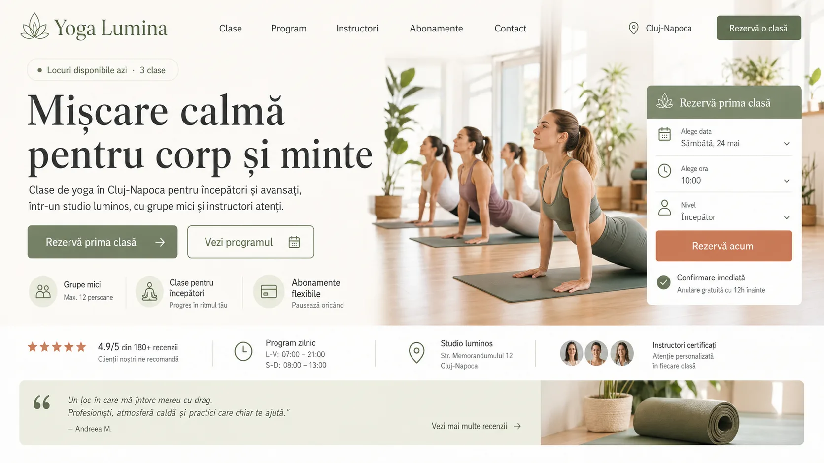 Yoga studio website design - service dashboard